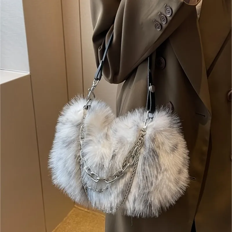 Y2K Plush Hobo Bag For Women, Trendy Chain Crossbody Bag, Fluffy Handbag & Purses