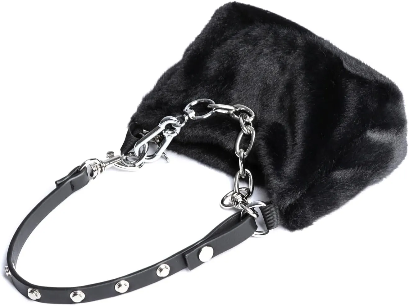 Y2K Punk Fuzzy Shoulder Bag Women Silver Chain Solid Fuzzy Clutch Shoulder Fluffy Underarm Bag Tote Furry Bags
