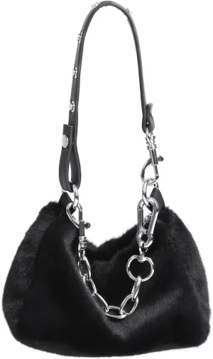 Y2K Punk Fuzzy Shoulder Bag Women Silver Chain Solid Fuzzy Clutch Shoulder Fluffy Underarm Bag Tote Furry Bags