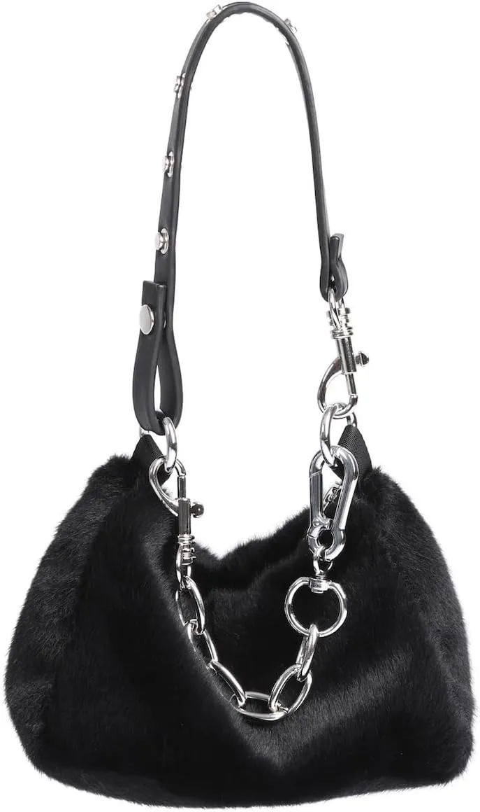 Y2K Punk Fuzzy Shoulder Bag Women Silver Chain Solid Fuzzy Clutch Shoulder Fluffy Underarm Bag Tote Furry Bags