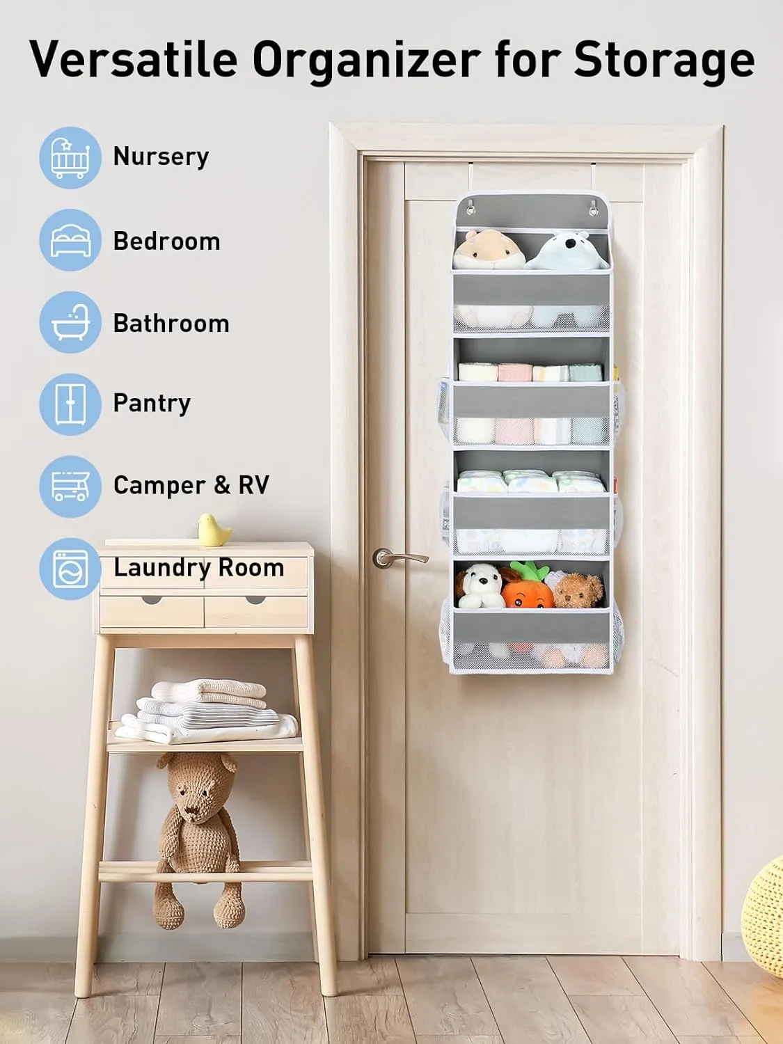 Yecaye 1 Pack Bathroom Organizers and Storage, 35.2lbs Load Toy Stuffed Animal Storage, Swing-proof Hanging Over the Door Organizer for Nursery Newborn Baby Essential Stuff