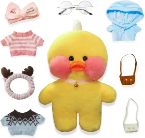 Yellow Duck Plush with 8 Kawaii Accessories, Cute Plushies with Glasses, Cute Duck Stuffed Animals, Birthday Gifts for Kids