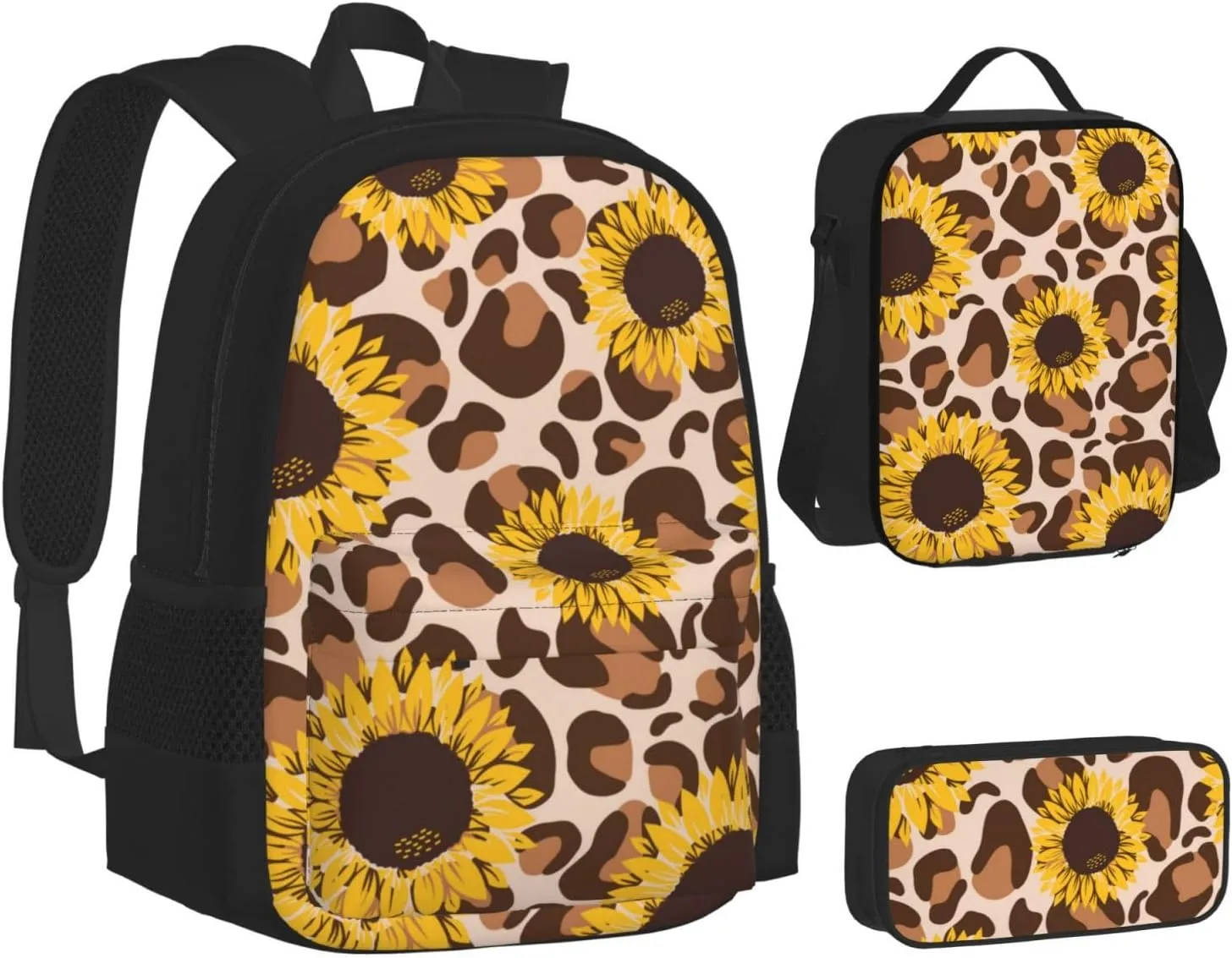 yellow sunflowers yellow with leopard print Multifunctional Pocket Backpack Crossbody Lunch Bag Pencil Case 3Pcs Set Large Capacity Backpack