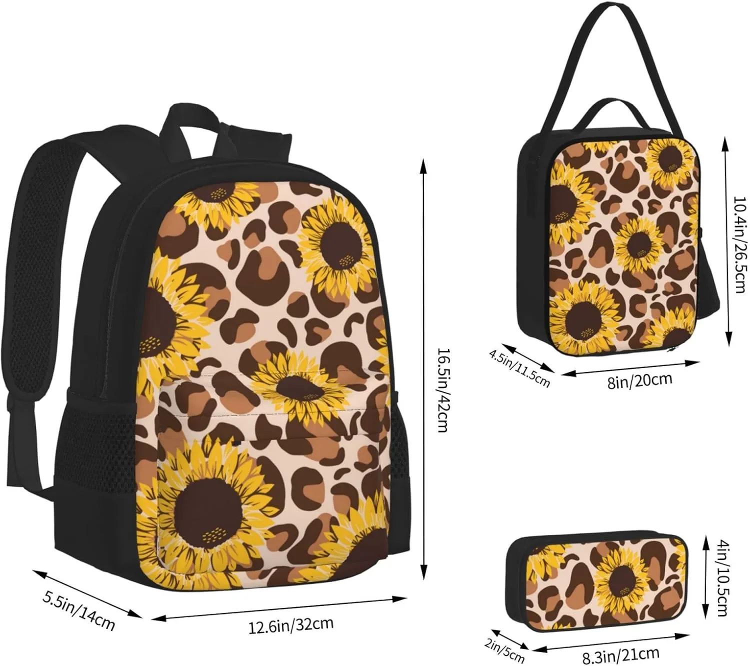 yellow sunflowers yellow with leopard print Multifunctional Pocket Backpack Crossbody Lunch Bag Pencil Case 3Pcs Set Large Capacity Backpack