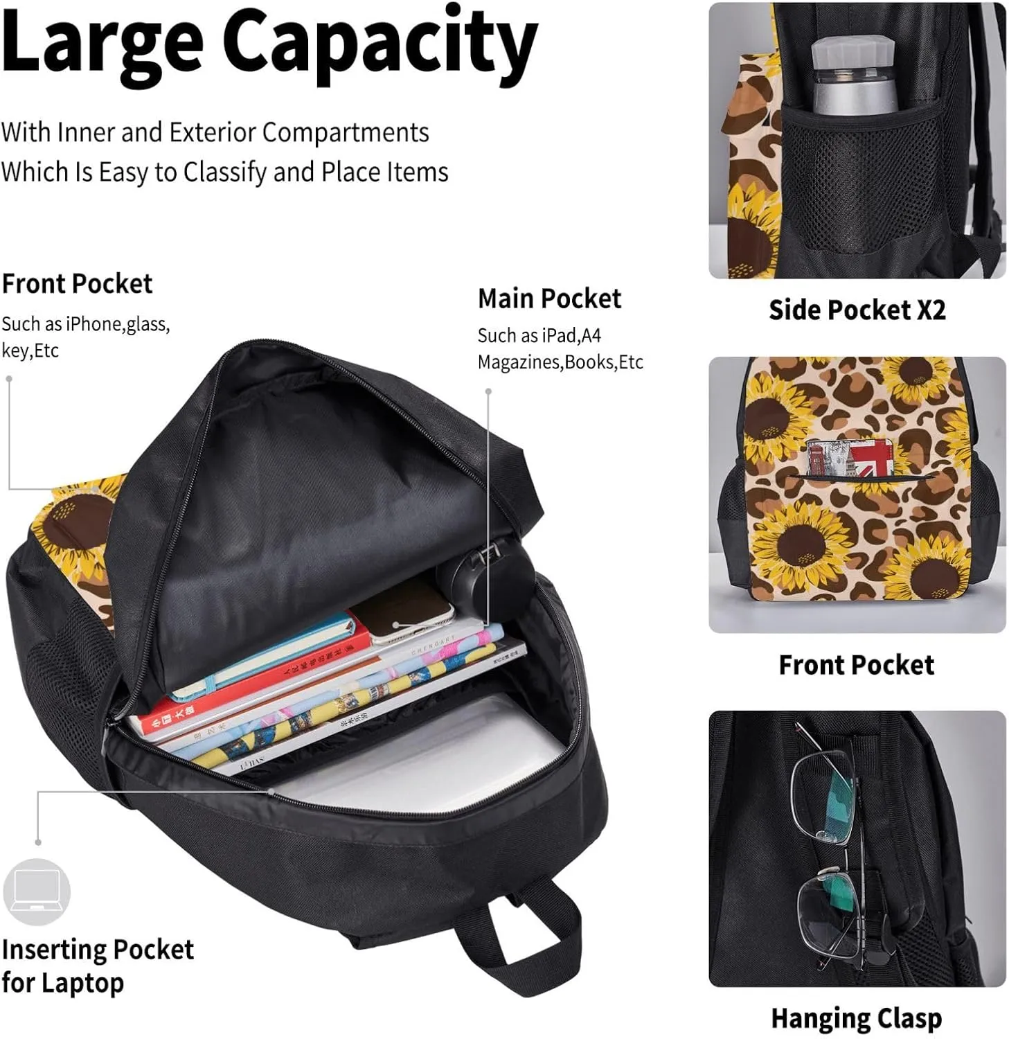 yellow sunflowers yellow with leopard print Multifunctional Pocket Backpack Crossbody Lunch Bag Pencil Case 3Pcs Set Large Capacity Backpack