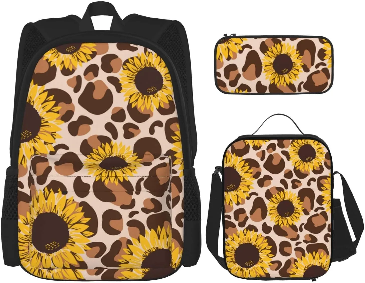 yellow sunflowers yellow with leopard print Multifunctional Pocket Backpack Crossbody Lunch Bag Pencil Case 3Pcs Set Large Capacity Backpack