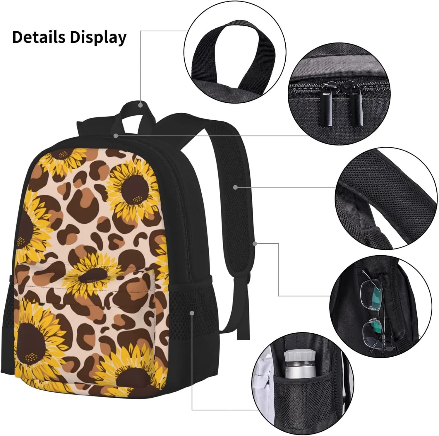 yellow sunflowers yellow with leopard print Multifunctional Pocket Backpack Crossbody Lunch Bag Pencil Case 3Pcs Set Large Capacity Backpack