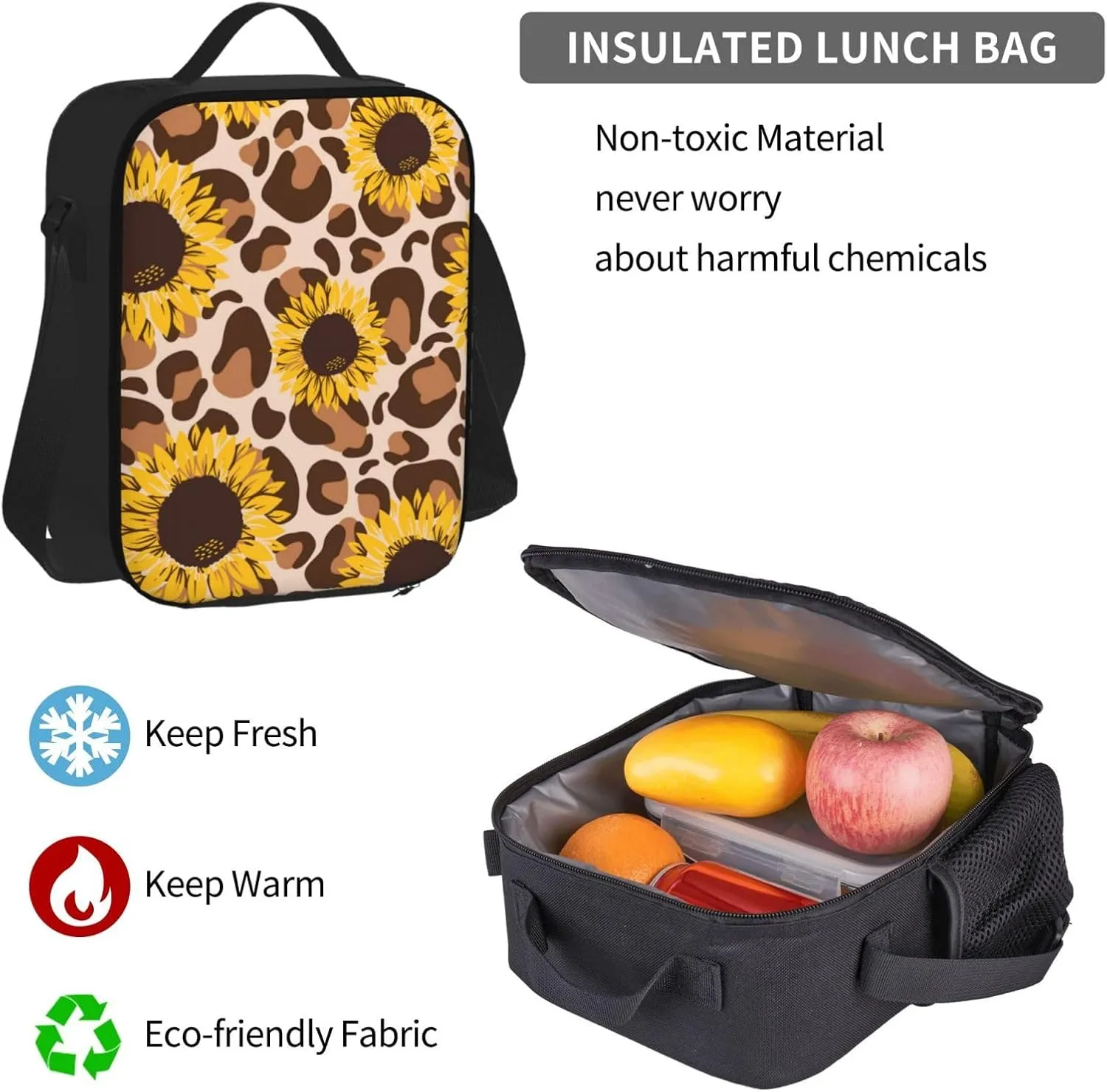 yellow sunflowers yellow with leopard print Multifunctional Pocket Backpack Crossbody Lunch Bag Pencil Case 3Pcs Set Large Capacity Backpack
