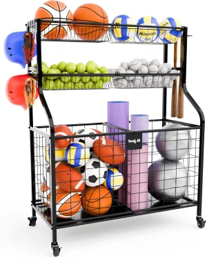 YES4All Sports Equipment Garage Organizer, Ball Storage Cart, Steel