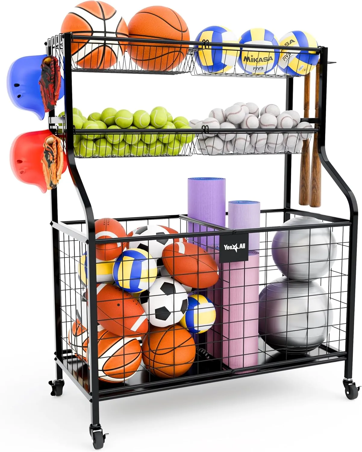 YES4All Sports Equipment Garage Organizer, Ball Storage Cart, Steel