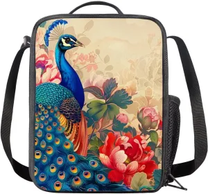 Ystardream Noble Peacock Lunch Bag for Girls Insulated Lunch Tote Bag for Women Lunch Box for School Work Picnic Butterfly Reusable Meal Container Box with Shoulder Strap Elementary Middle School