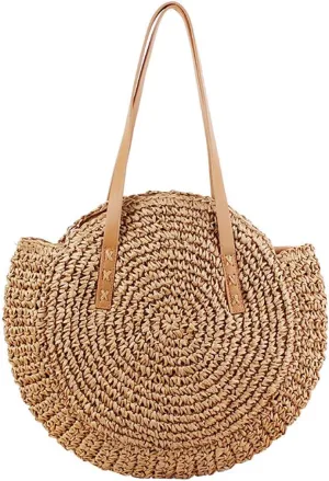YYW Round Straw Bag Handwoven Natural Summer Beach Shoulder Bag Rattan Crossbody Purse for Women