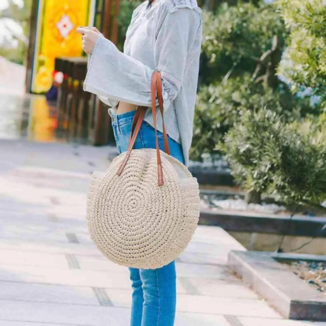 YYW Round Straw Bag Handwoven Natural Summer Beach Shoulder Bag Rattan Crossbody Purse for Women