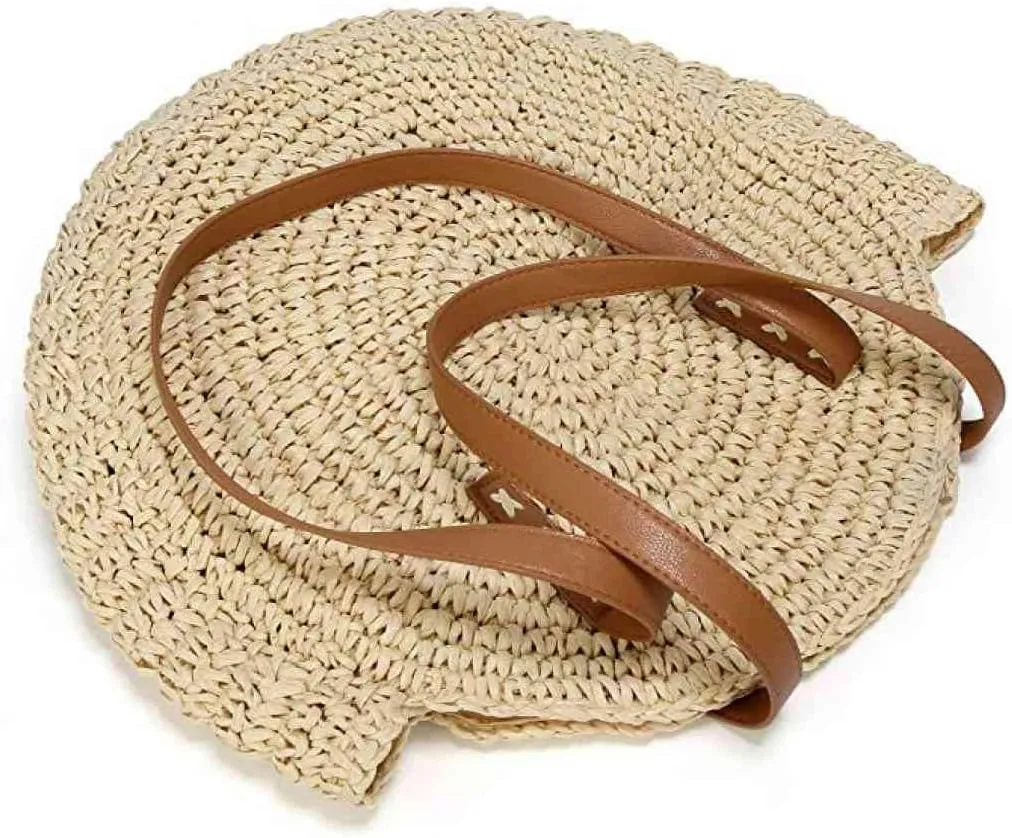 YYW Round Straw Bag Handwoven Natural Summer Beach Shoulder Bag Rattan Crossbody Purse for Women