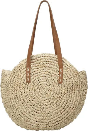 YYW Round Straw Bag Handwoven Natural Summer Beach Shoulder Bag Rattan Crossbody Purse for Women