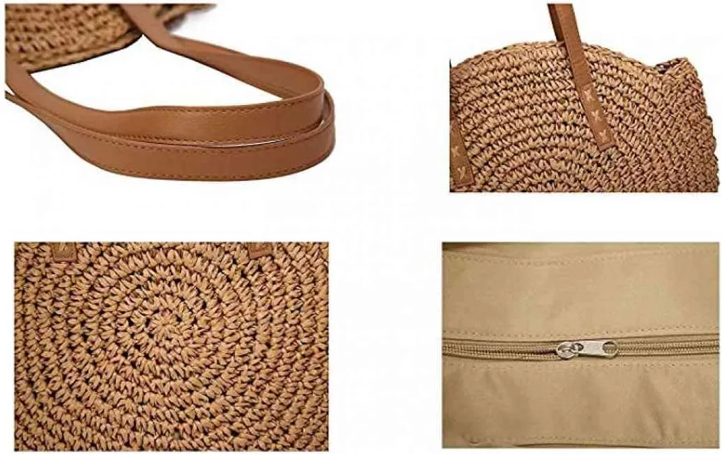 YYW Round Straw Bag Handwoven Natural Summer Beach Shoulder Bag Rattan Crossbody Purse for Women