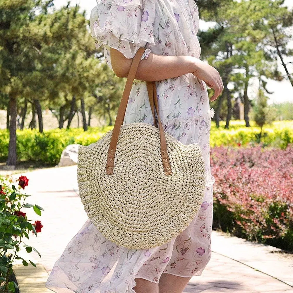 YYW Round Straw Bag Handwoven Natural Summer Beach Shoulder Bag Rattan Crossbody Purse for Women
