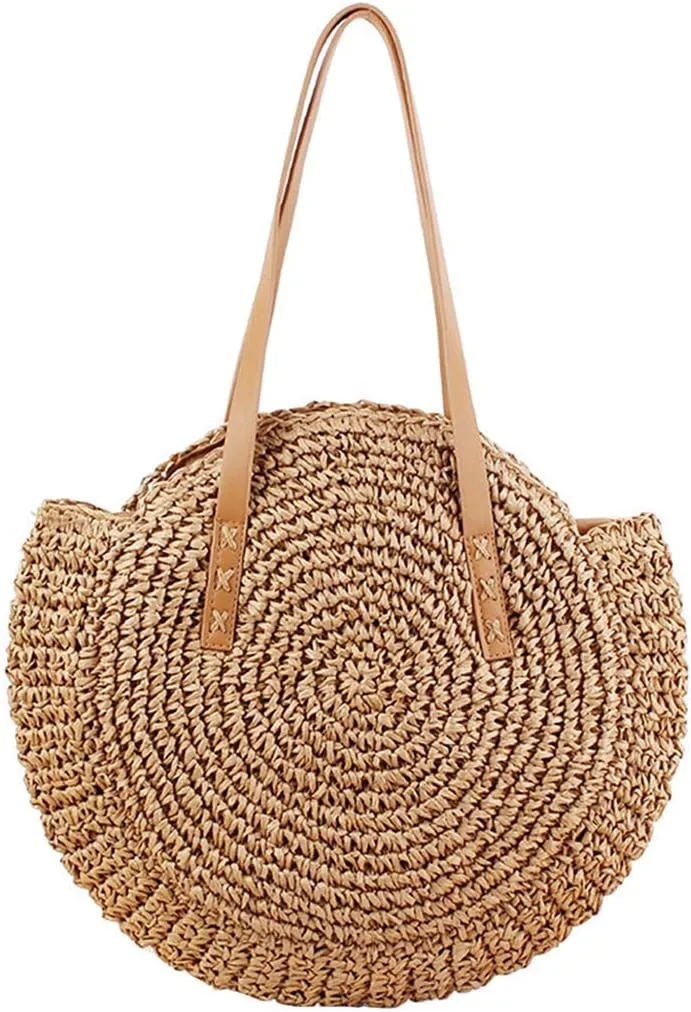 YYW Round Straw Bag Handwoven Natural Summer Beach Shoulder Bag Rattan Crossbody Purse for Women