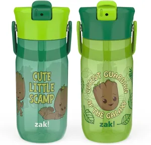 Zak Designs Harmony Marvel Groot Water Bottle for Travel or At Home, 18oz Recycled Plastic is Leak-Proof When Closed with Straw Lid and Carry Handle, 2-Pack (Groot)