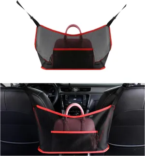 Ziciner Car Net Pocket Handbag Holder, Organizer Mesh Bag Between Two Seat, Driver Storage Netting Pouch for Handbag Purse, Barrier of Backseat Pet Kids, Car Accessories for Women Men (Black&Red)