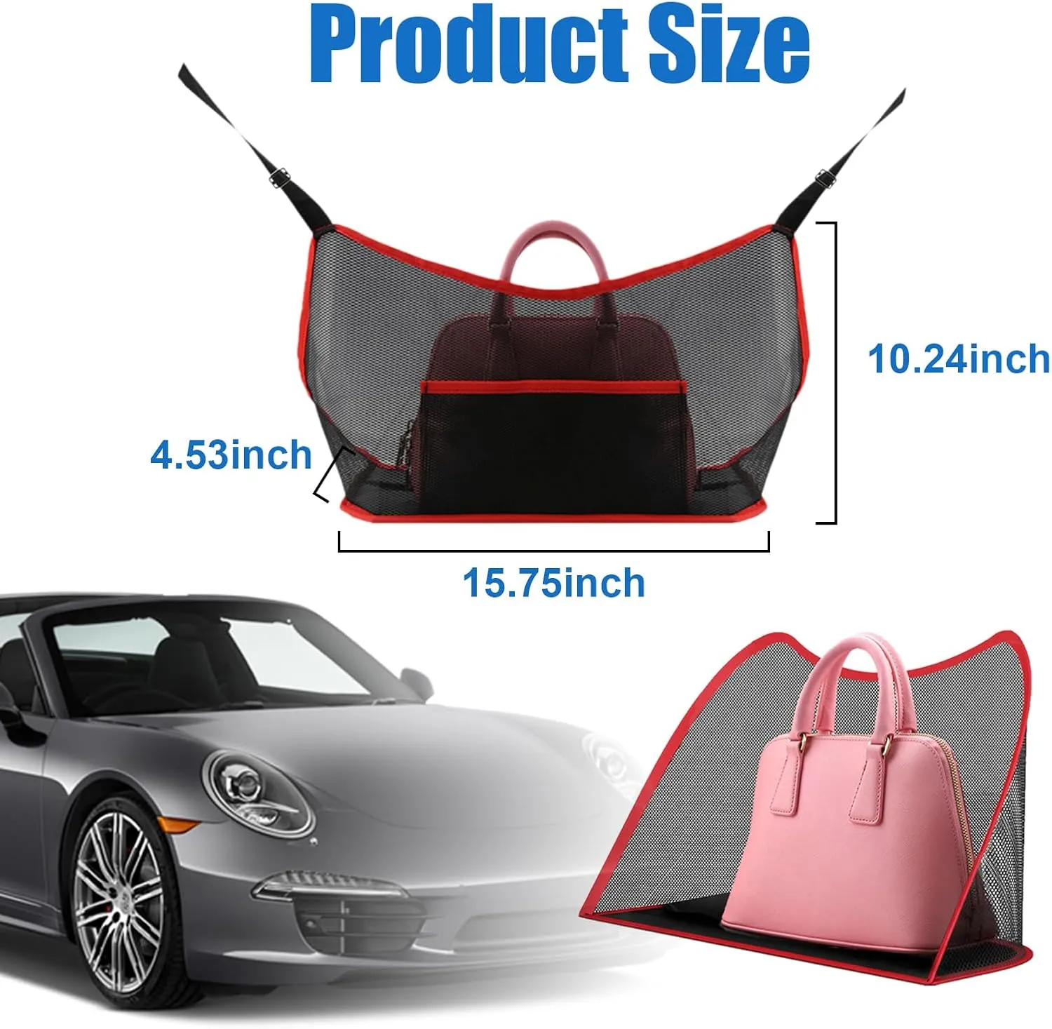 Ziciner Car Net Pocket Handbag Holder, Organizer Mesh Bag Between Two Seat, Driver Storage Netting Pouch for Handbag Purse, Barrier of Backseat Pet Kids, Car Accessories for Women Men (Black&Red)
