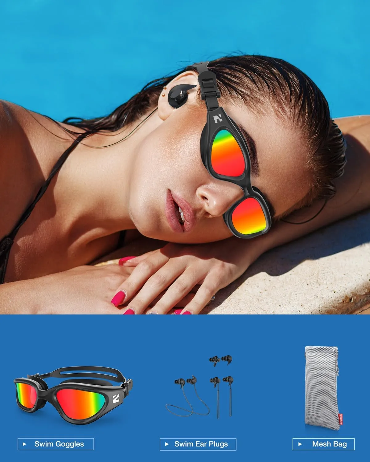 ZIONOR G1 Lite Polarized Swimming Goggles with 3 Pairs Earplugs, Anti-Fog UV Protection Swim Goggle for Adult Men Women Youth