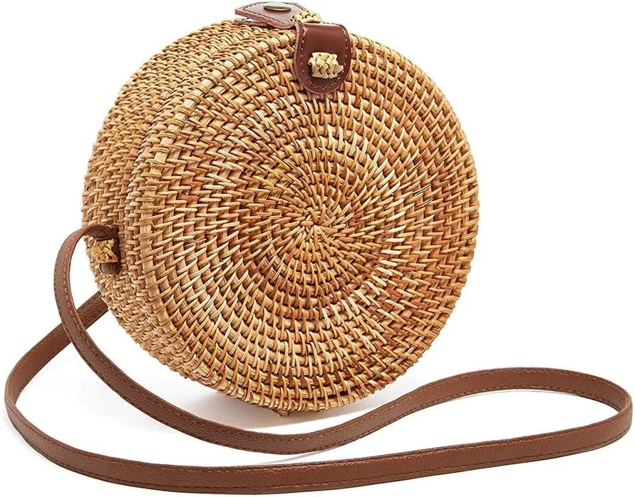 zixijiaju Round Rattan Bags Women Round Handwoven Straw Bag Leather Crossbody Shoulder Strap Handbag Summer Beach Bag, Bamboo, Type-1