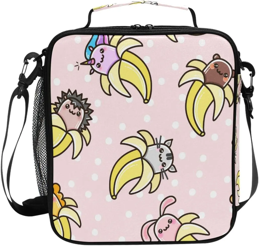 ZZXXB Cat Banana Polka Dot Insulated Lunch Bag Box Reusable Thermal Cooler Bag Tote Outdoor Travel Picnic Bag With Shoulder Strap for Children Students Adults